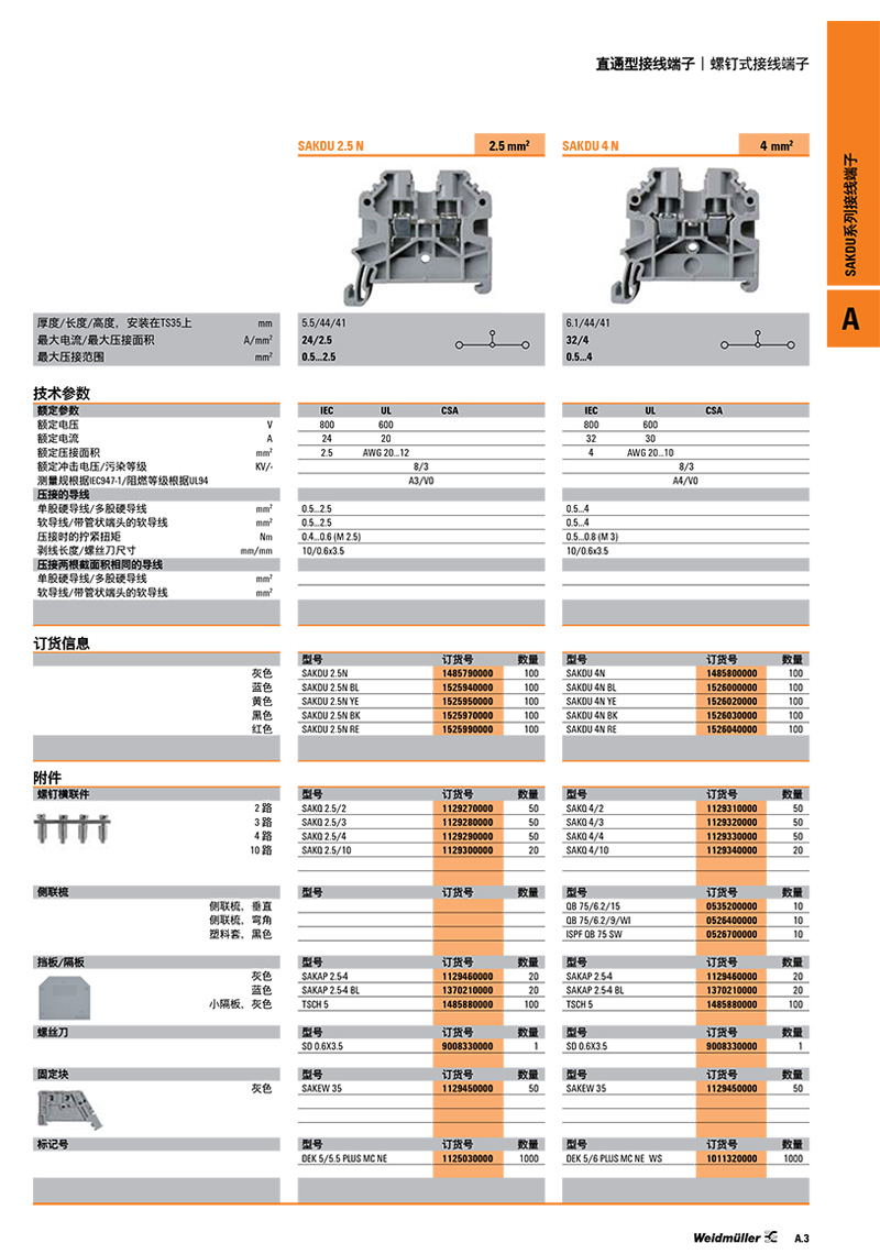 魏德米勒接線端子SAKDU系列 4N產品參數